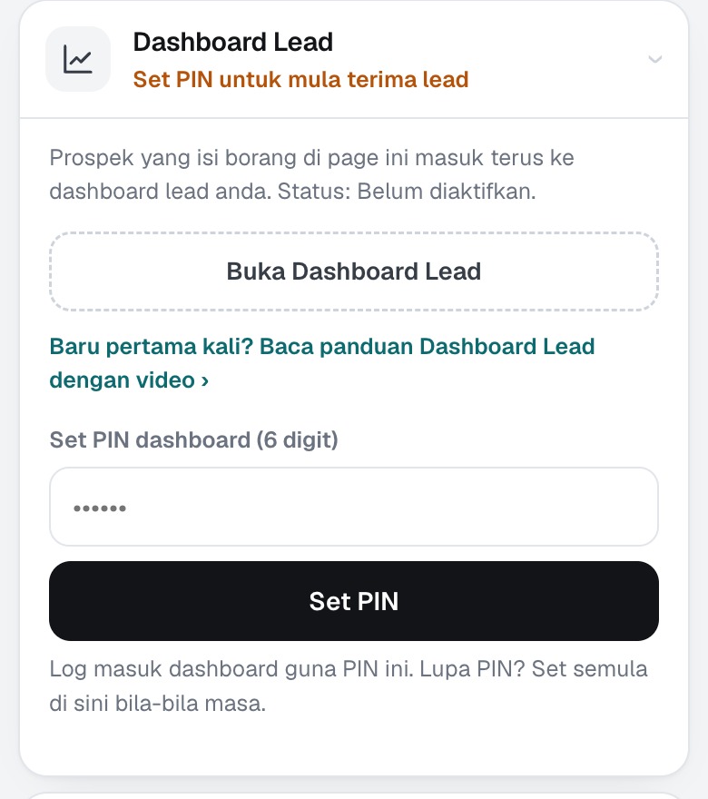 Kad Dashboard Lead dalam builder dengan medan Set PIN