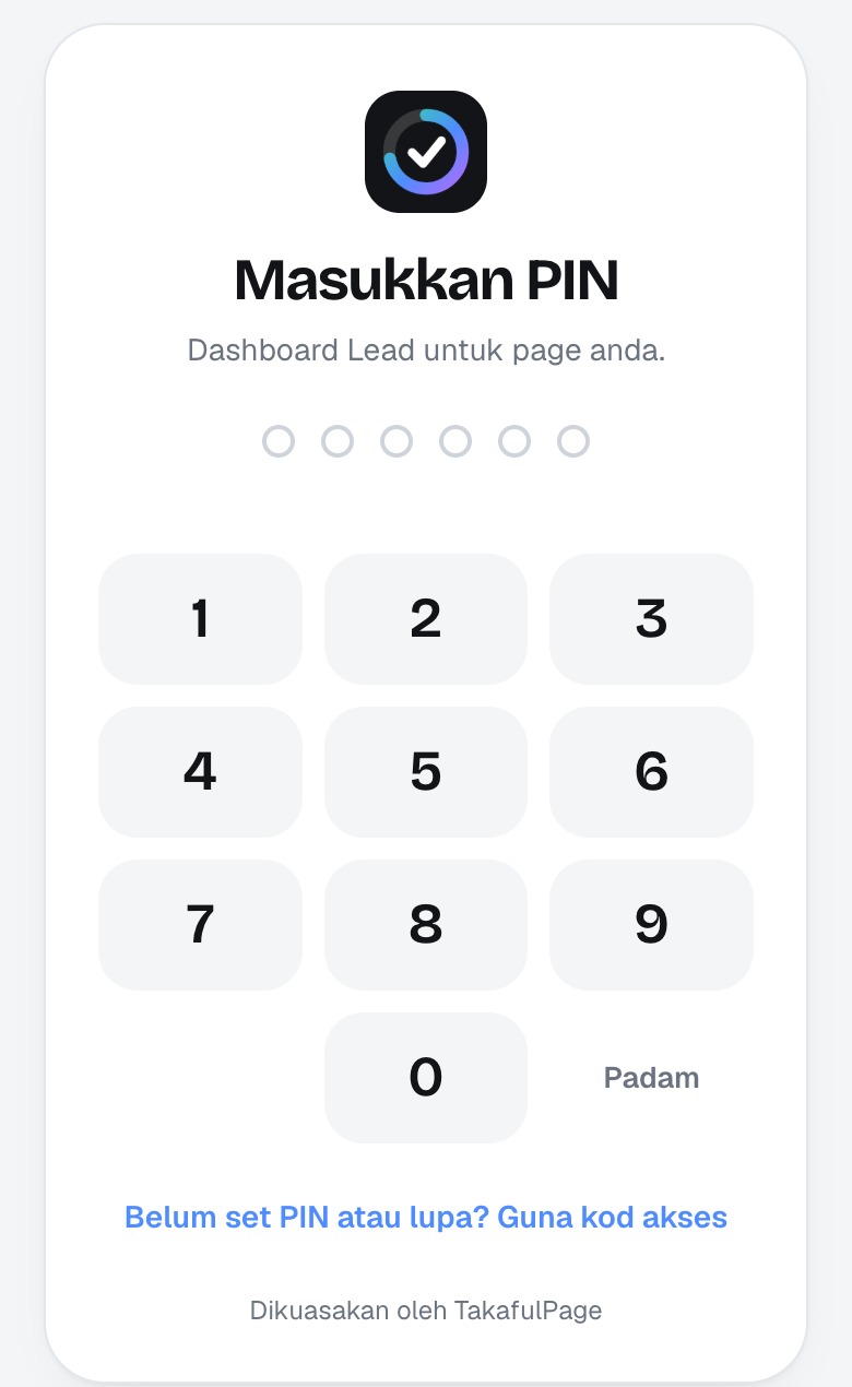 Skrin masukkan PIN dengan papan nombor