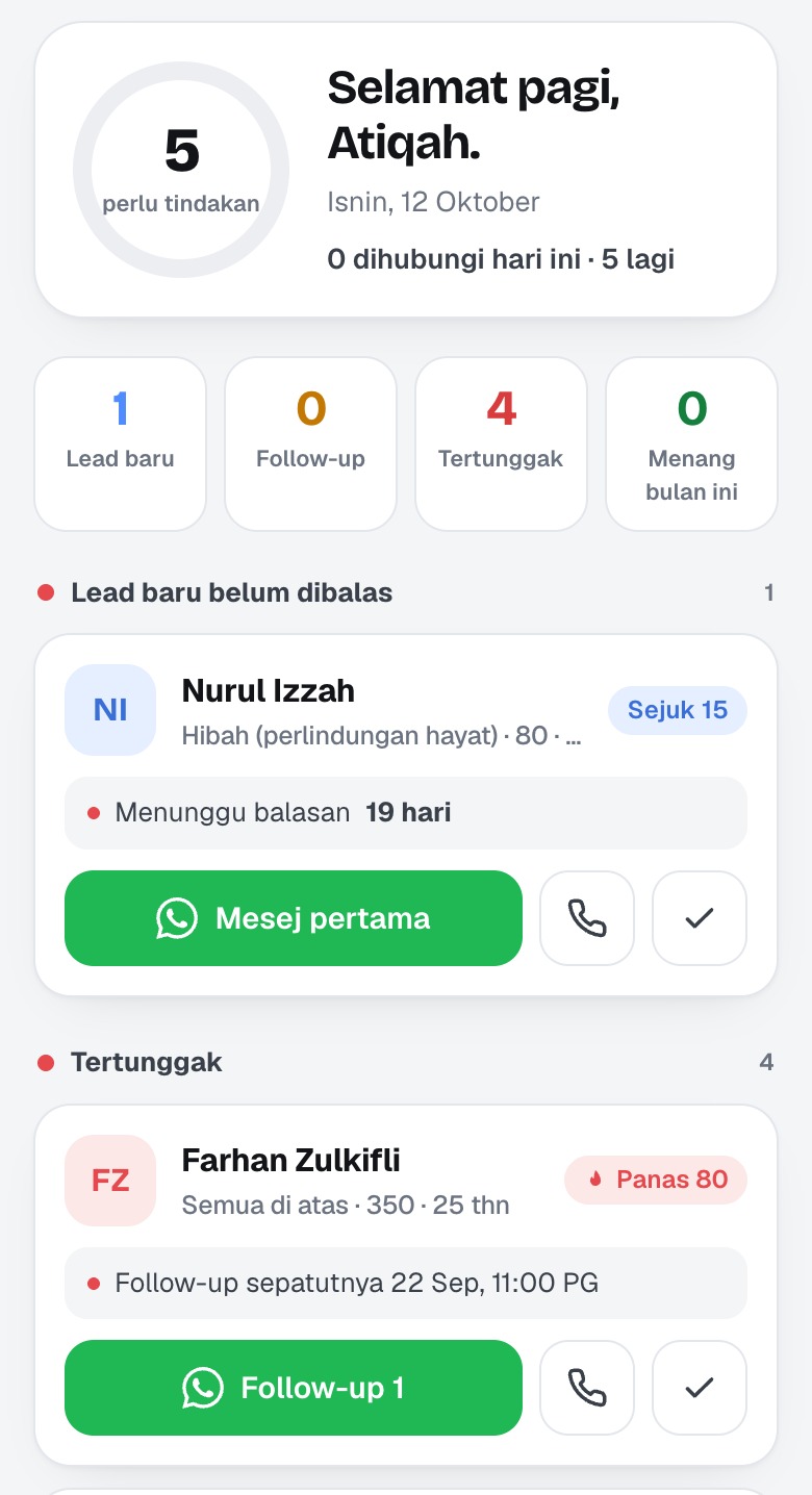 Tab Hari ini dengan gelang tindakan dan kad lead