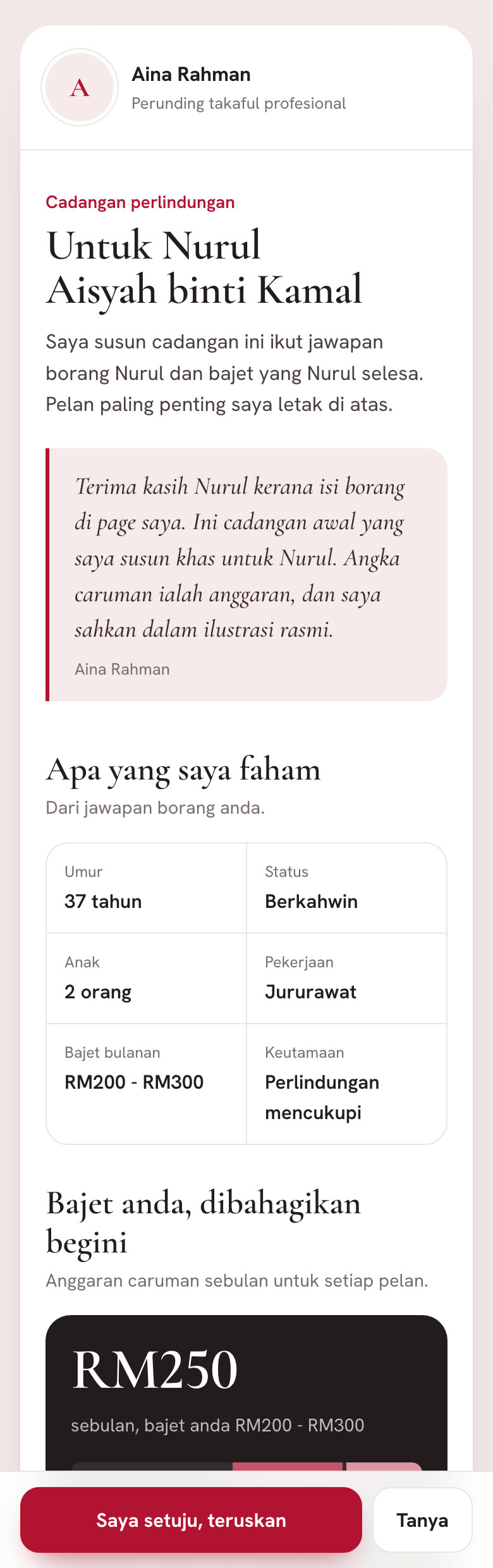 Halaman cadangan perlindungan yang diterima prospek, dengan ringkasan profil dan pembahagian bajet